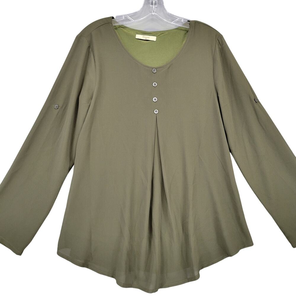 Cestyle Green Olive Shirt Pleated Button Scoop Long Sleeves Lined Women's Size M